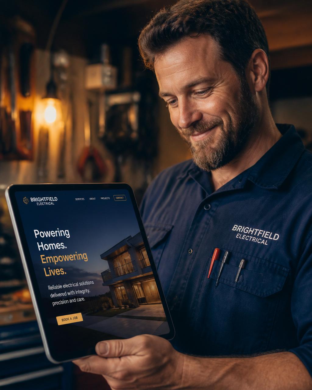 A tradesman smiling at his new website on a tablet